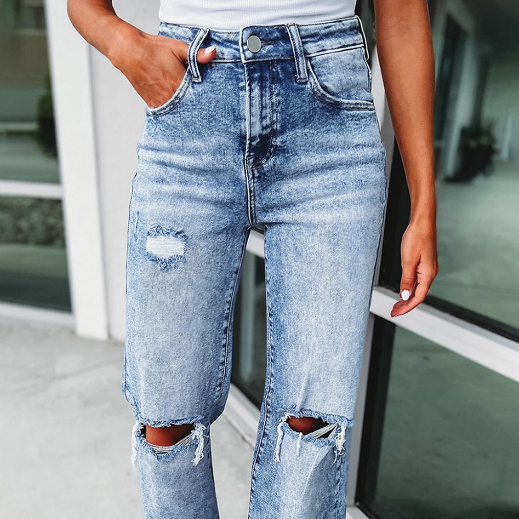 Sky Blue Washed Ripped Wide Leg Jeans